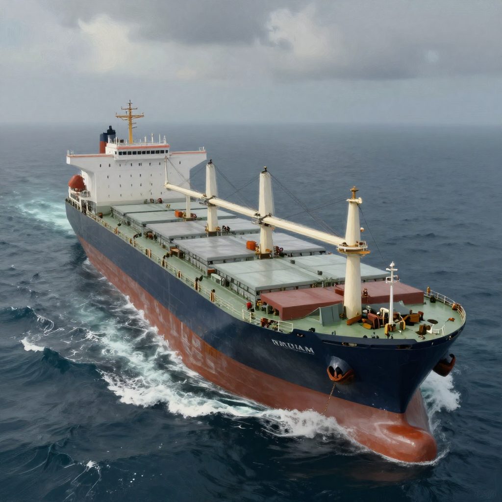 Panamax bulk carrier transiting open water, aerial view