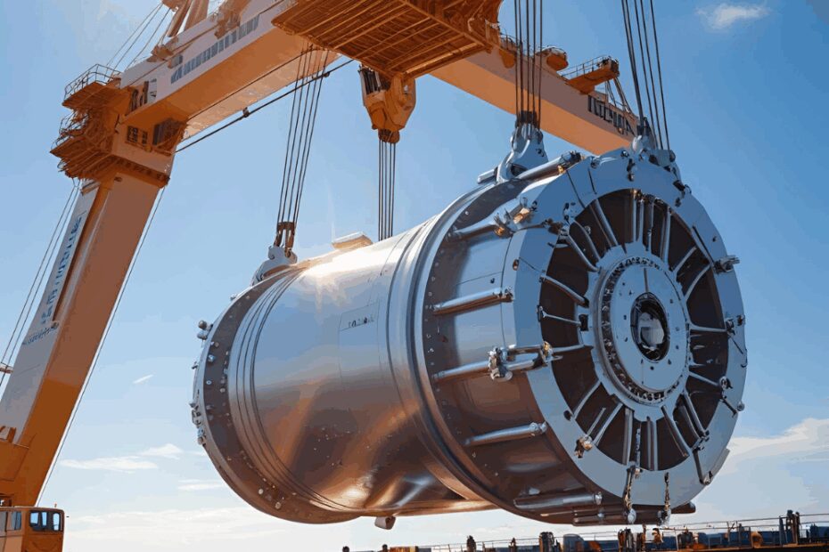 Heavy-lift crane lowering an out-of-gauge cylindrical unit onto a vessel