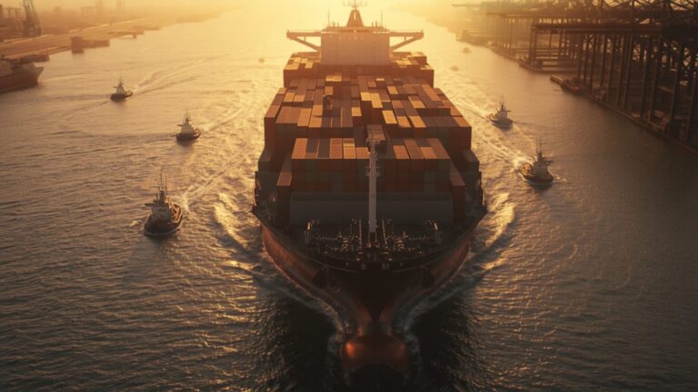 Capesize bulk carrier approaching port at sunset
