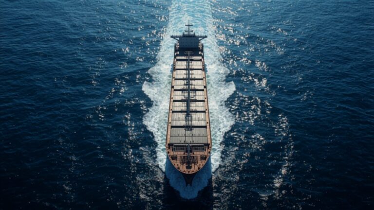 Aerial view of a laden Capesize bulk carrier sailing on open ocean